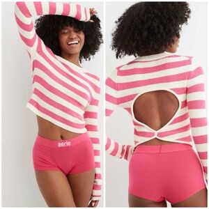 New! Aerie Pink and White Striped Open-Back Long Sleeve sweater size M
